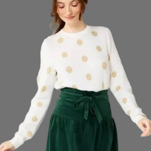 Draper James RSVP Women's Sweater Size XXL Cream Gold Polka Dot Long Sleeve EUC